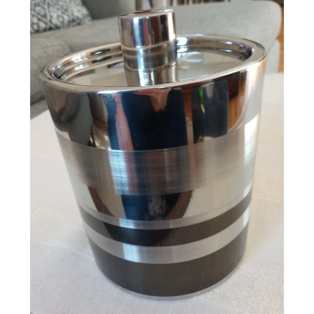 Crate&Barrel 3 Tone Stripe Ice Bucket 405-523 Made In India Silver/Graphite